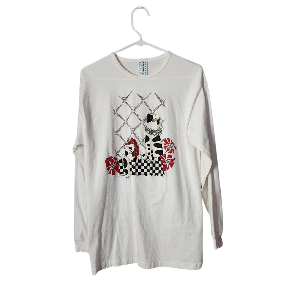 CHEROKEE BEACH x VINTAGE 90s Holiday cats graphic tee long sleeve in‎ white